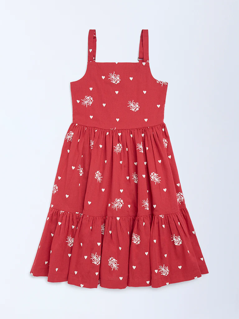 Utsa Kids Girls Red Printed A-Line Cotton-Blend Dress - (8-14 yrs)