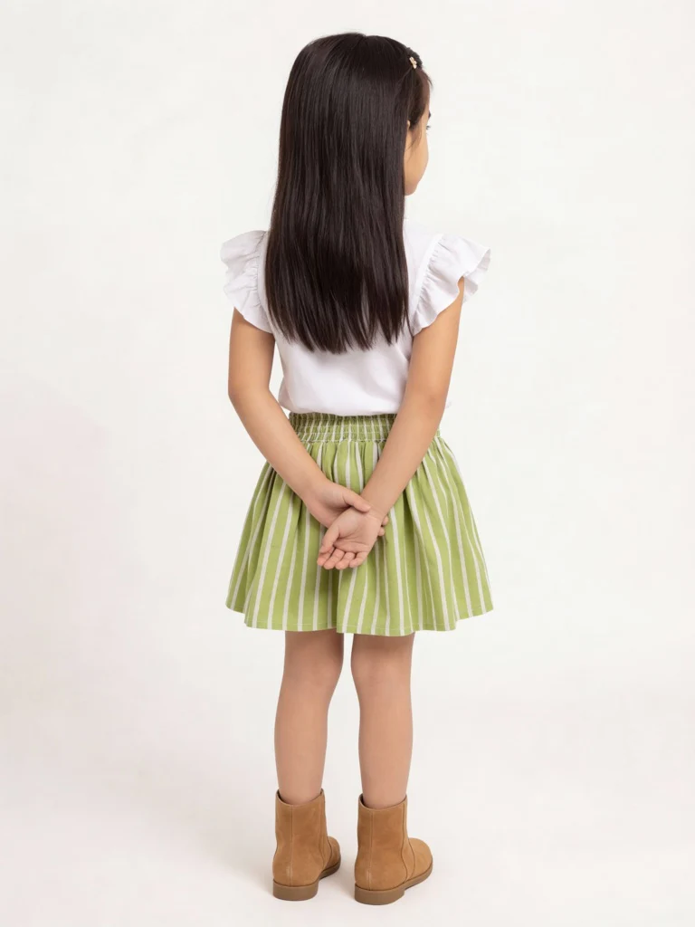 Utsa Kids Girls Sage Green Striped Fit-and-Flare Cotton-Blend Skirt - (2-8 yrs) - Image 2