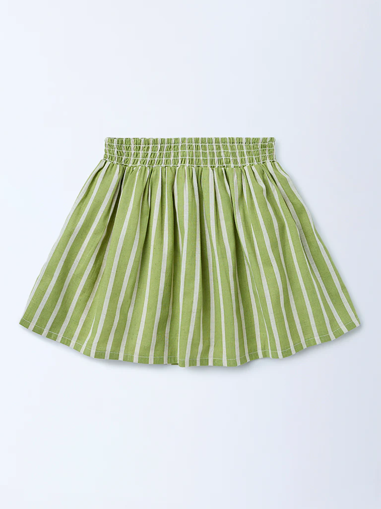 Utsa Kids Girls Sage Green Striped Fit-and-Flare Cotton-Blend Skirt - (2-8 yrs) - Image 3