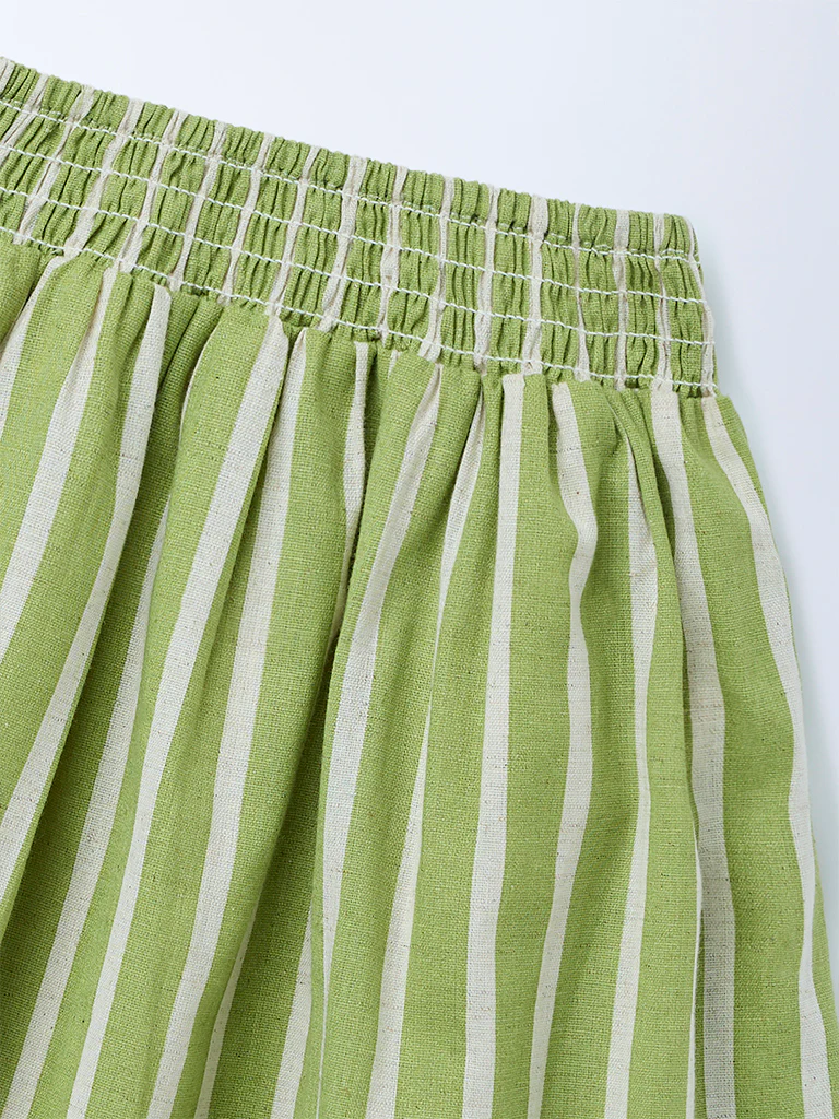Utsa Kids Girls Sage Green Striped Fit-and-Flare Cotton-Blend Skirt - (2-8 yrs) - Image 5
