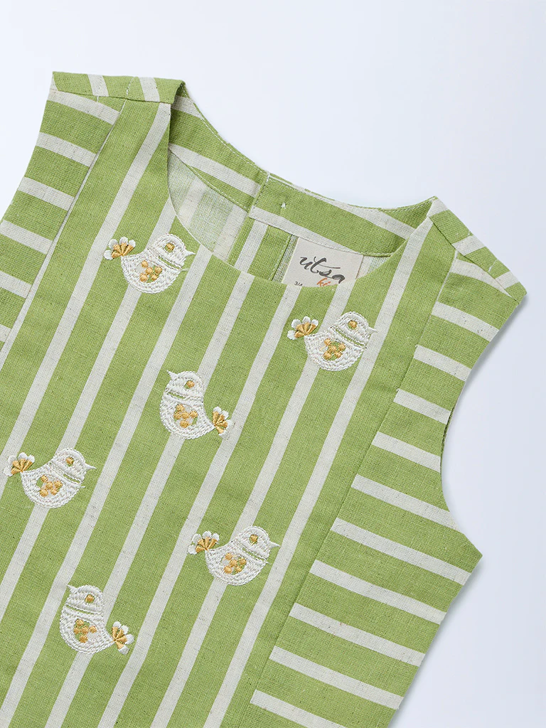 Utsa Kids Girls Sage Striped Cotton-Blend Blouse - (2-8 yrs) - Image 3