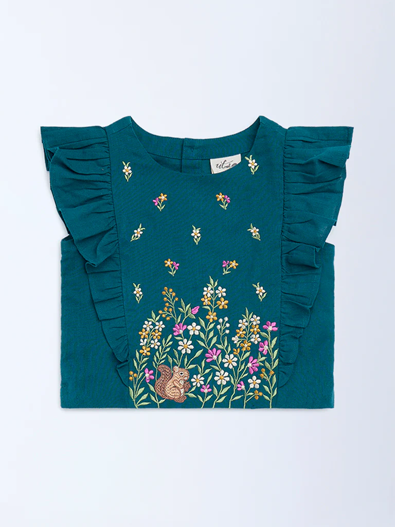 Utsa Kids Girls Teal Floral Embroidered Cotton-Blend Top - (2-8 yrs)