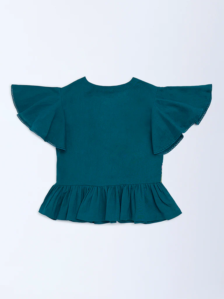 Utsa Kids Girls Teal Floral Embroidered Peplum Cotton-Blend Top - (8-14 yrs) - Image 2