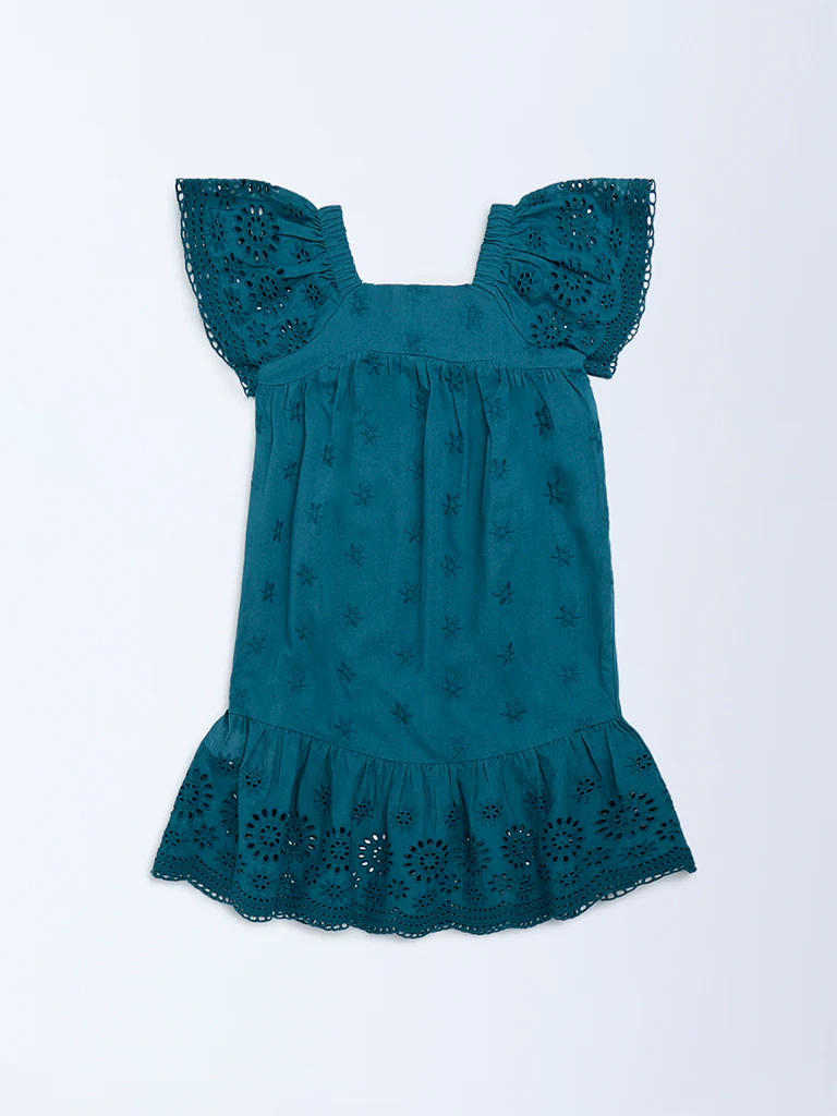 Utsa Kids Girls Teal Schiffli Drop-Waist Cotton Dress (2-8 yrs) - Image 2
