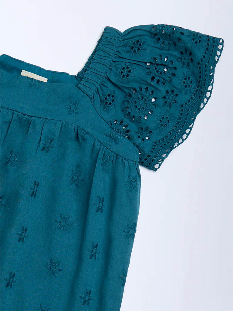 Utsa Kids Girls Teal Schiffli Drop-Waist Cotton Dress (2-8 yrs) - Image 3