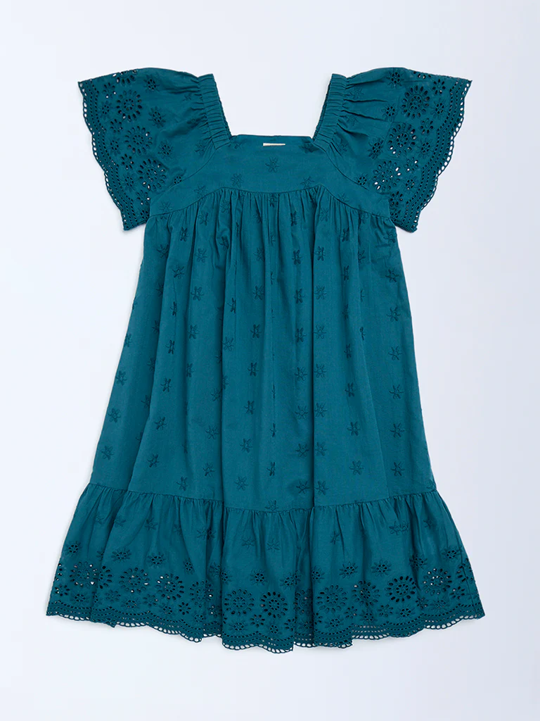 Utsa Kids Girls Teal Schiffli Drop-Waist Cotton Dress (8-14 yrs)
