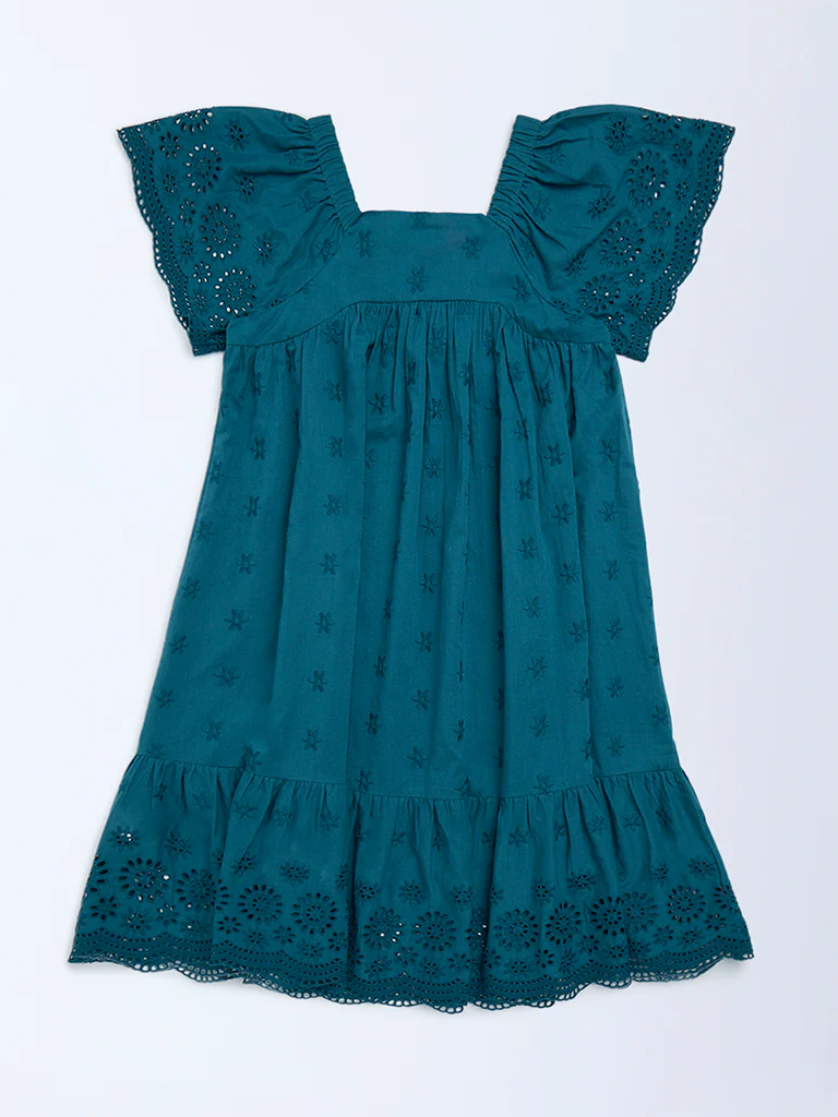 Utsa Kids Girls Teal Schiffli Drop-Waist Cotton Dress (8-14 yrs) - Image 2