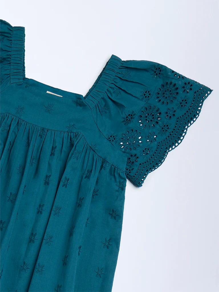 Utsa Kids Girls Teal Schiffli Drop-Waist Cotton Dress (8-14 yrs) - Image 3