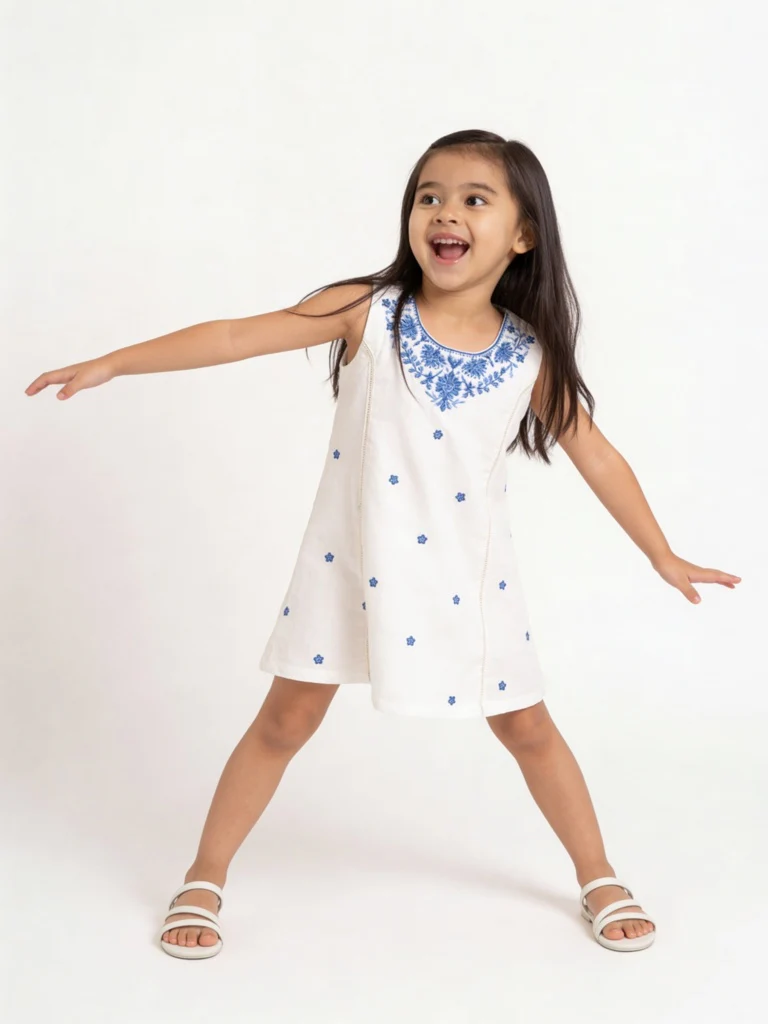 Utsa Kids Girls White Embroidered A-Line Cotton Dress - (2-8 yrs)