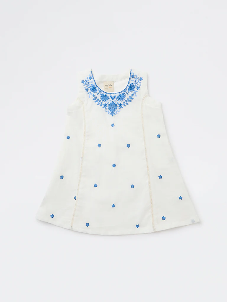 Utsa Kids Girls White Embroidered A-Line Cotton Dress - (2-8 yrs) - Image 3