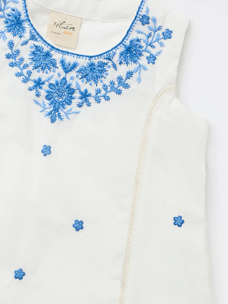 Utsa Kids Girls White Embroidered A-Line Cotton Dress - (2-8 yrs) - Image 5