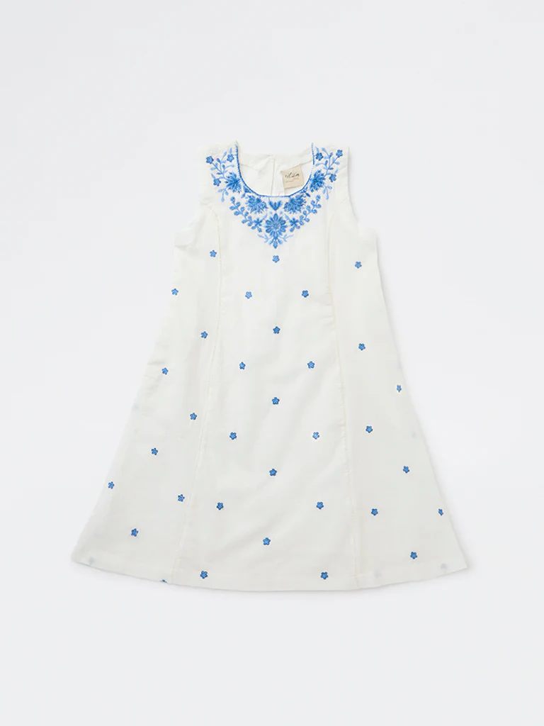Utsa Kids Girls White Embroidered A-Line Cotton Dress - (8-14 yrs) - Image 3