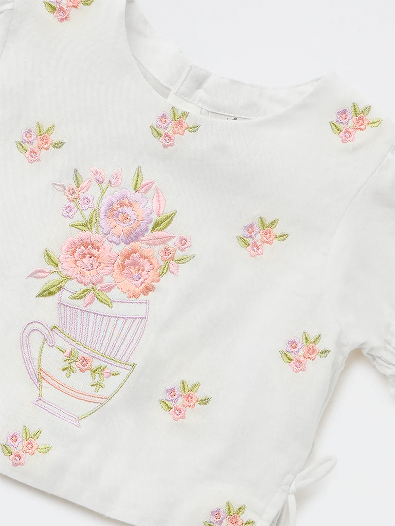 Utsa Kids Girls White Embroidered Cotton-Blend Top - (2-8 yrs) - Image 3