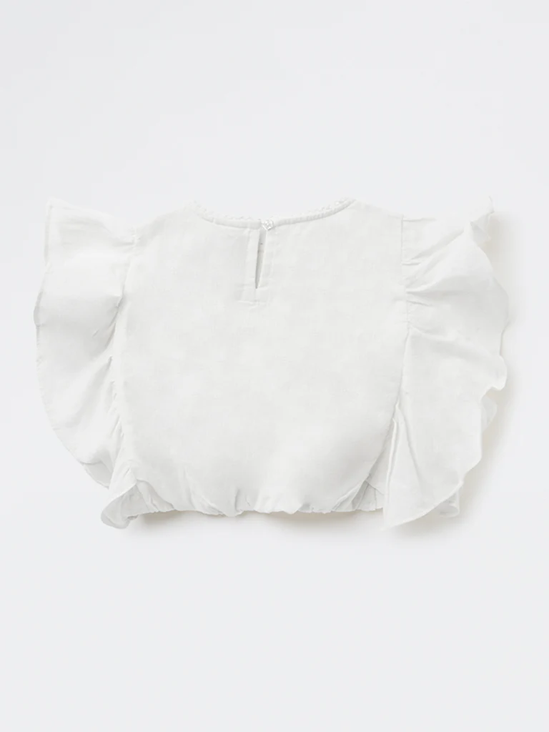 Utsa Kids Girls White Embroidered Cotton-Blend Top - (8-14 yrs) - Image 2