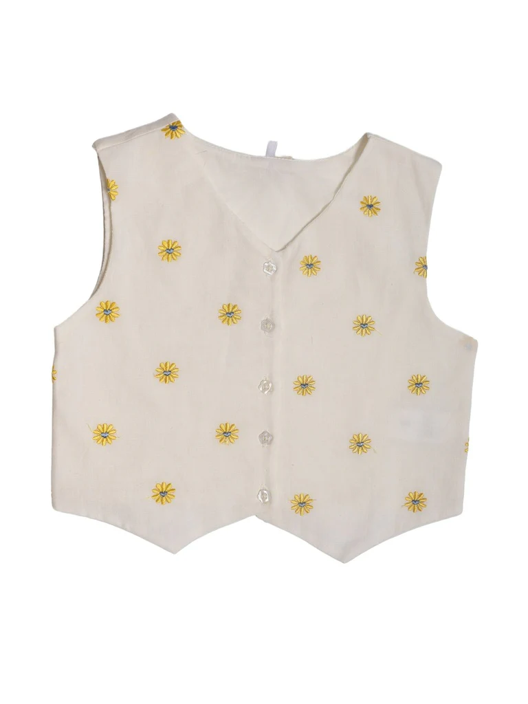 Utsa Kids Girls White Embroidered Cotton-Blend Waistcoat - (8-14 yrs) - Image 3