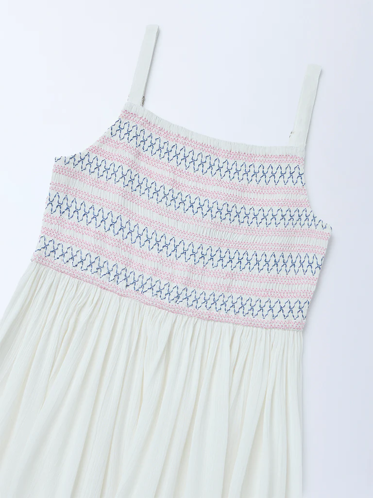Utsa Kids Girls White Embroidered Fit-and-Flare Dress - (8-14 yrs) - Image 3