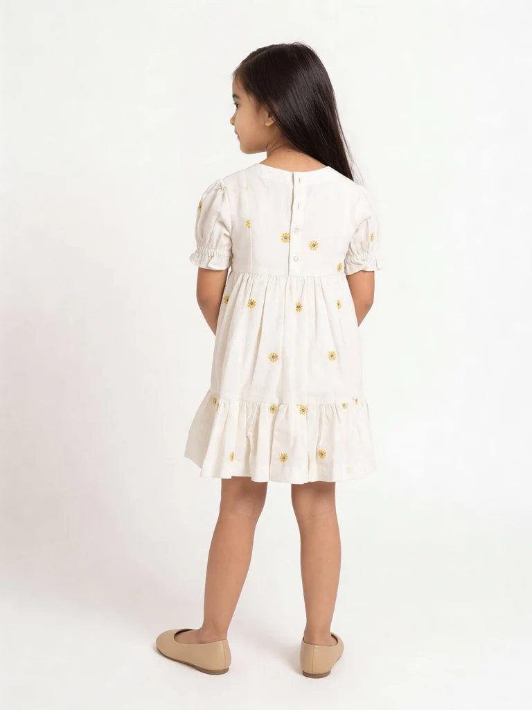 Utsa Kids Girls White Floral Embroidered Cotton-Blend Dress - (2-8 yrs) - Image 2