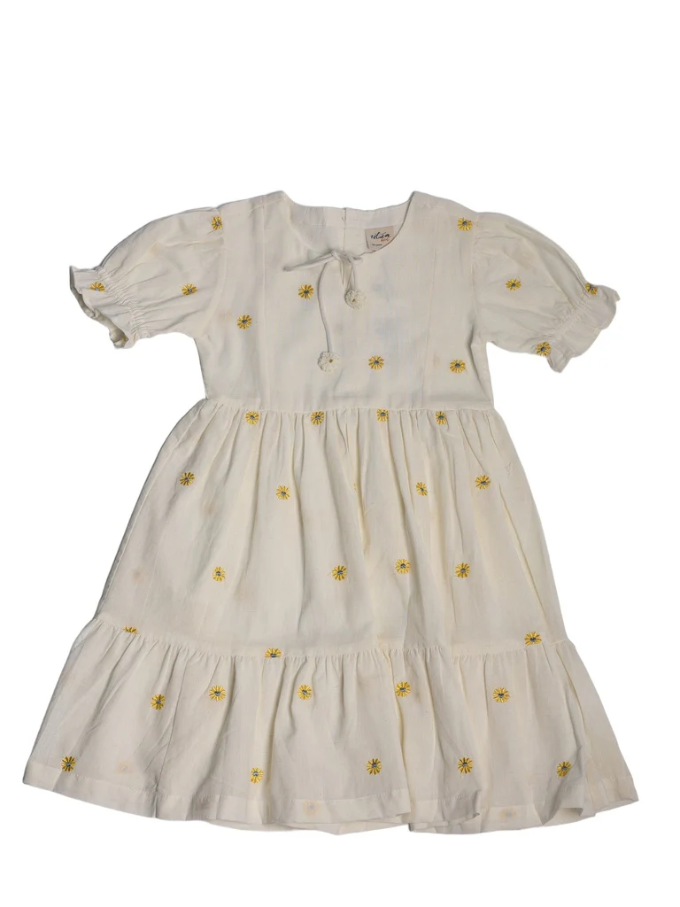 Utsa Kids Girls White Floral Embroidered Cotton-Blend Dress - (8-14 yrs) - Image 3
