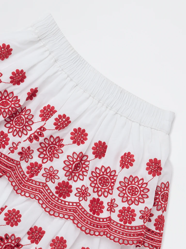 Utsa Kids Girls White Floral Embroidered Cotton Skirt - (2-8 yrs) - Image 3