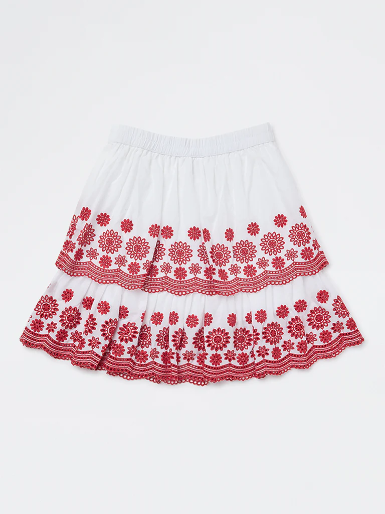Utsa Kids Girls White Floral Embroidered Cotton Skirt - (8-14 yrs) - Image 2