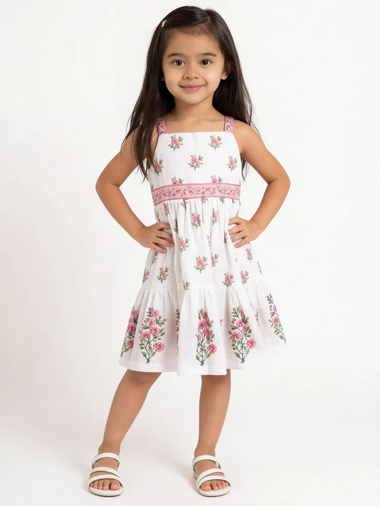 Utsa Kids Girls White Floral Embroidered Cotton Tiered Dress - (2-8 yrs)