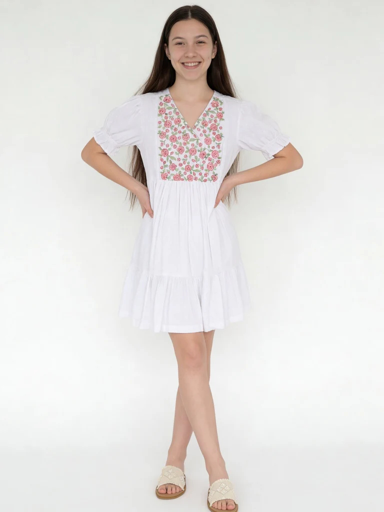 Utsa Kids Girls White Floral Embroidered Tiered Cotton-Blend Dress - (8-14 yrs)