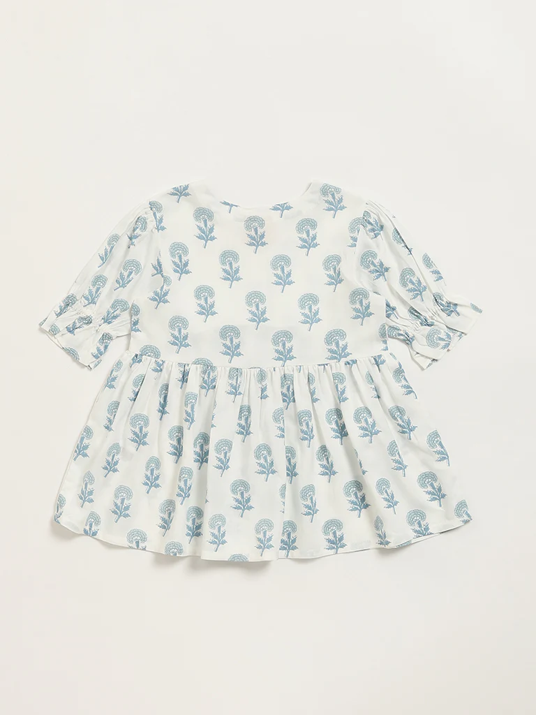 Utsa Kids Girls White Floral Printed Cotton-Blend A-Line Dress - (2-8 yrs) - Image 2