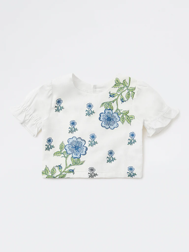 Utsa Kids Girls White Floral Printed Cotton-Blend Top - (2-8 yrs) - Image 3
