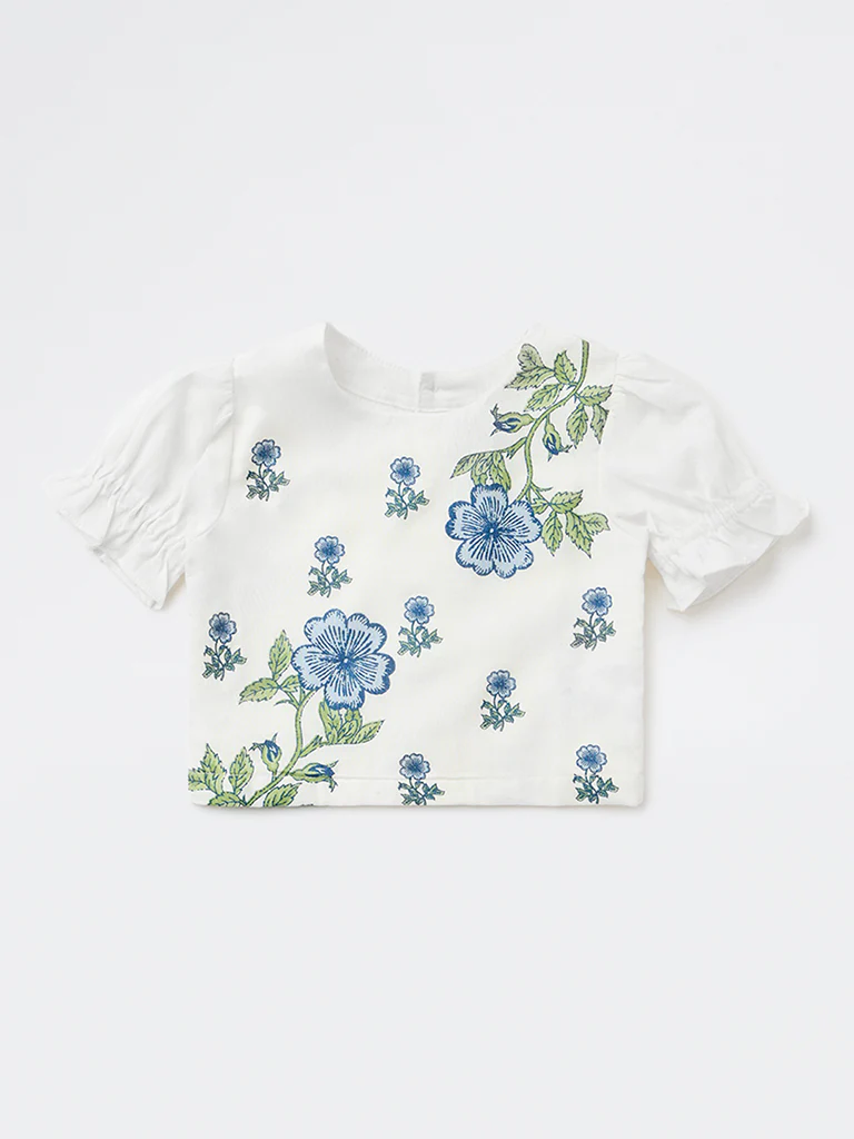 Utsa Kids Girls White Floral Printed Cotton-Blend Top - (8-14 yrs) - Image 3