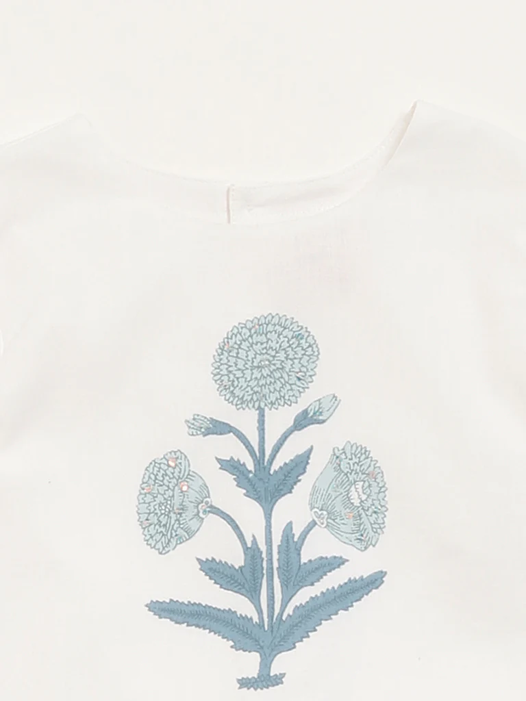 Utsa Kids Girls White Floral Printed Cotton Top - (2-8 yrs) - Image 3