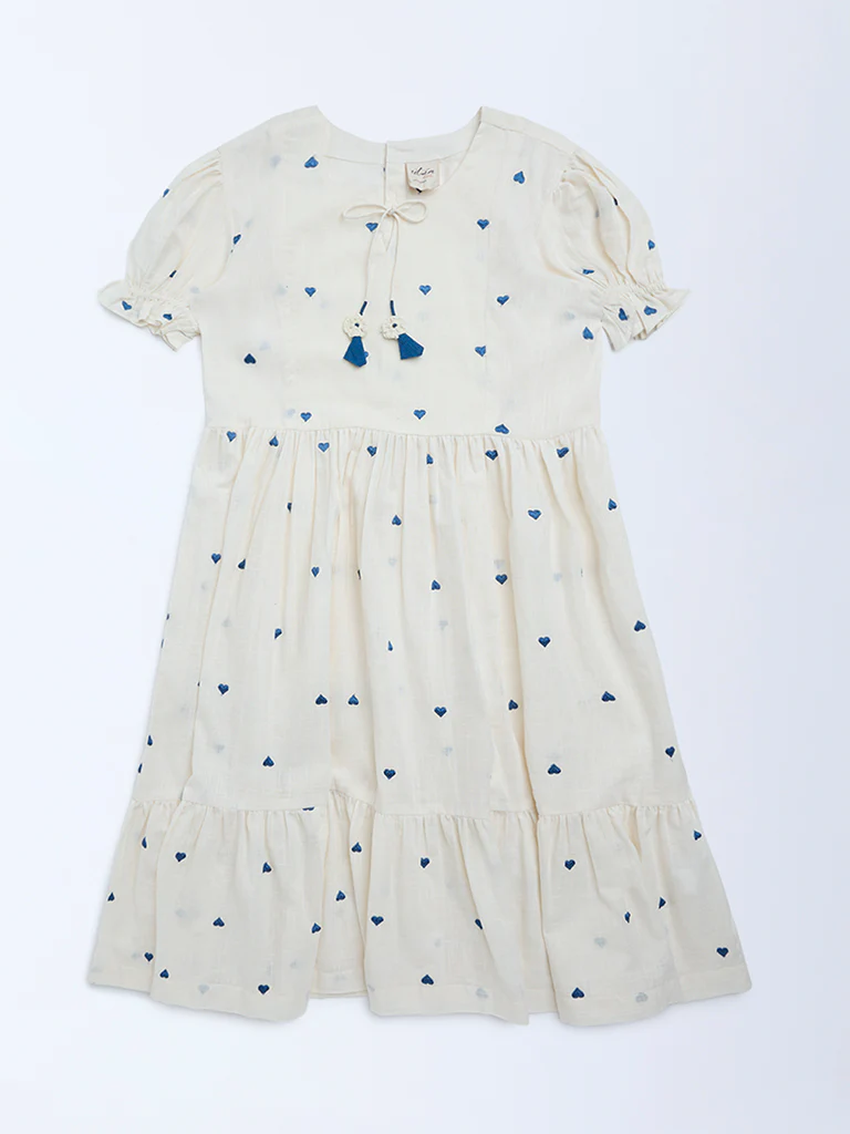 Utsa Kids Girls White Heart Embroidered A-Line Cotton Dress - (8-14 yrs)