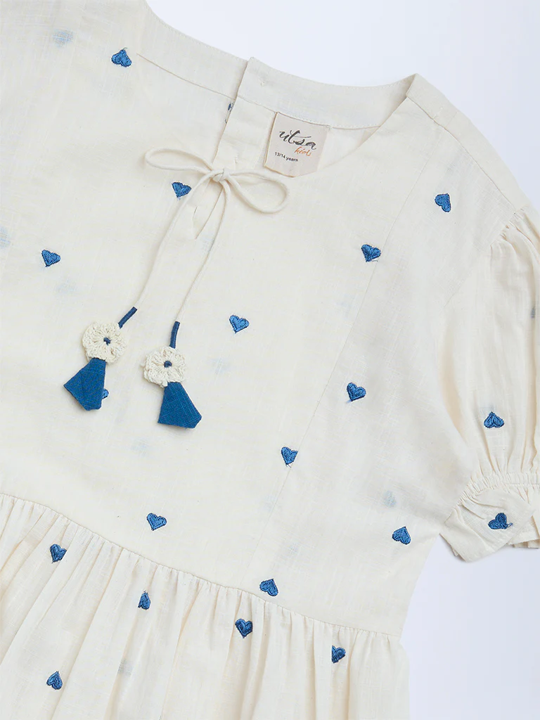 Utsa Kids Girls White Heart Embroidered A-Line Cotton Dress - (8-14 yrs) - Image 3