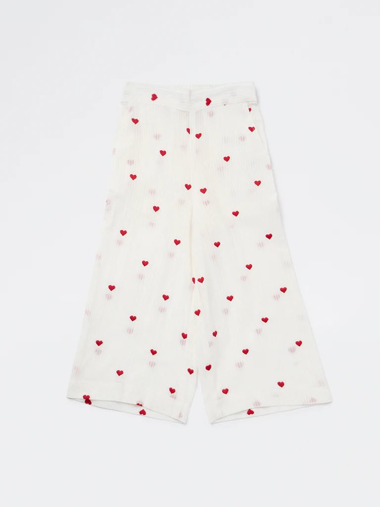 Utsa Kids Girls White Heart Embroidered Cotton Pants - (2-8 yrs) - Image 3