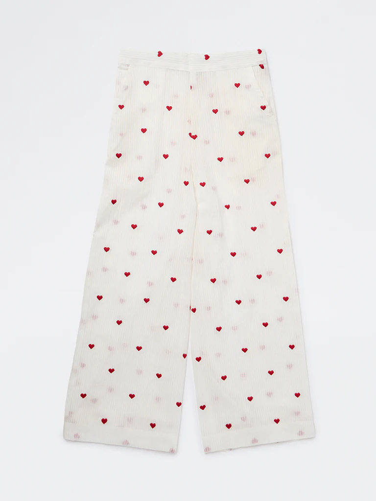 Utsa Kids Girls White Heart Embroidered Cotton Pants - (8-14 yrs)