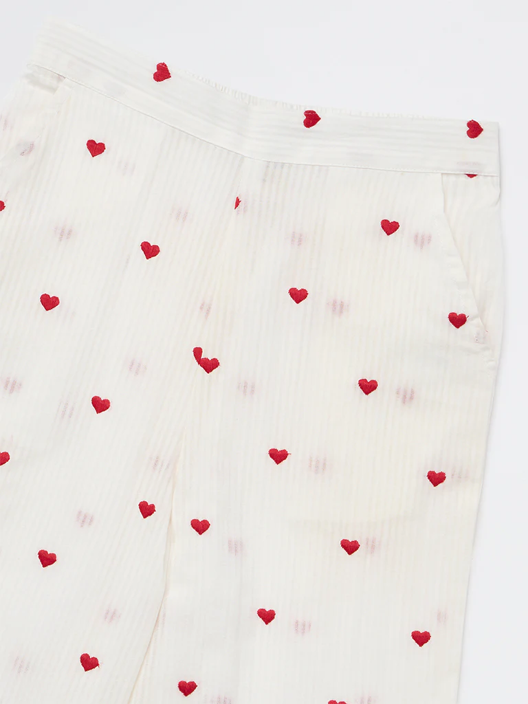 Utsa Kids Girls White Heart Embroidered Cotton Pants - (8-14 yrs) - Image 3