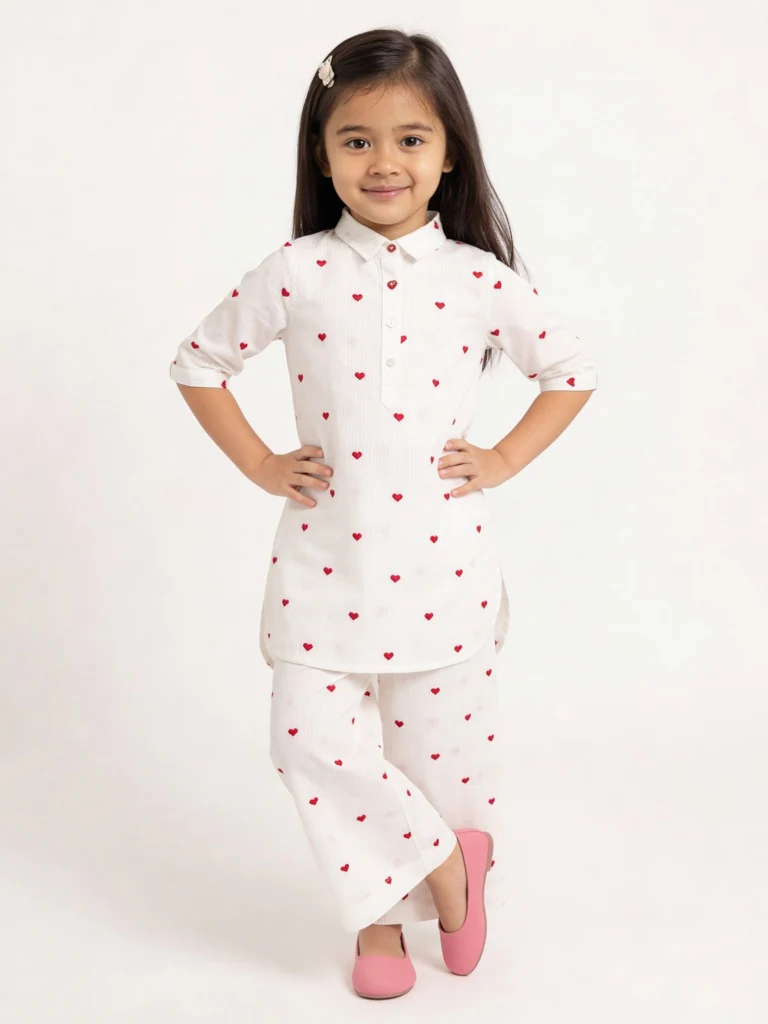 Utsa Kids Girls White Heart Embroidered Cotton Tunic - (2-8 yrs)