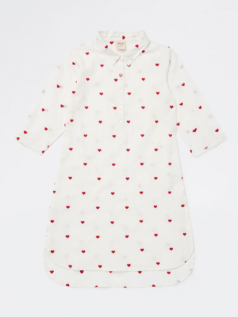 Utsa Kids Girls White Heart Embroidered Cotton Tunic - (8-14 yrs)