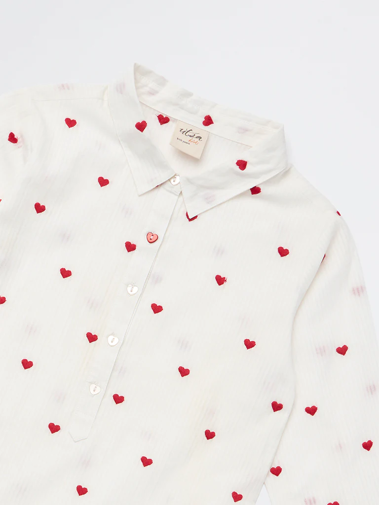 Utsa Kids Girls White Heart Embroidered Cotton Tunic - (8-14 yrs) - Image 3