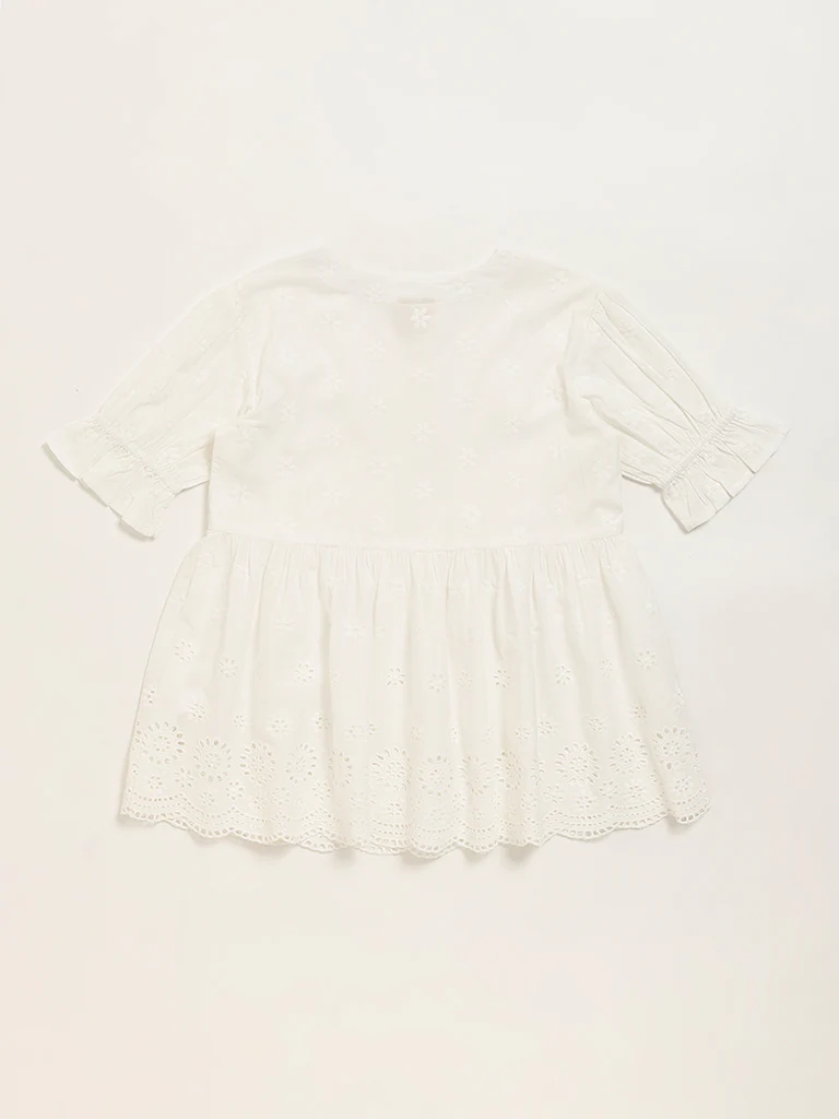 Utsa Kids Girls White Schiffli Flared Cotton Top - (8-14 yrs) - Image 2