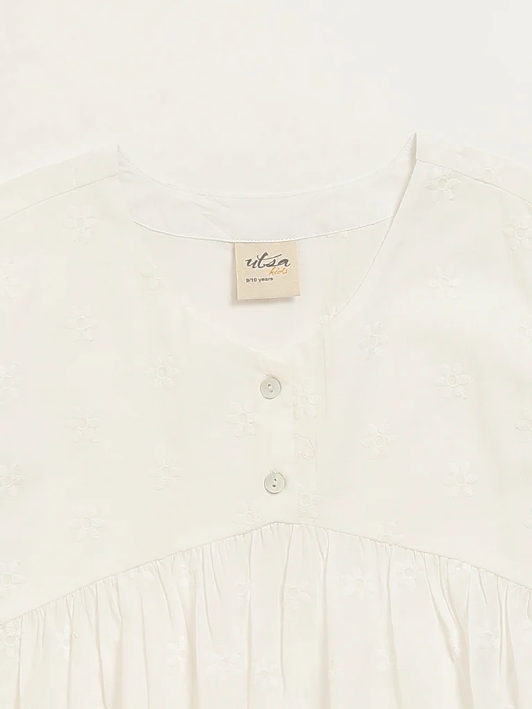 Utsa Kids Girls White Schiffli Flared Cotton Top - (8-14 yrs) - Image 3