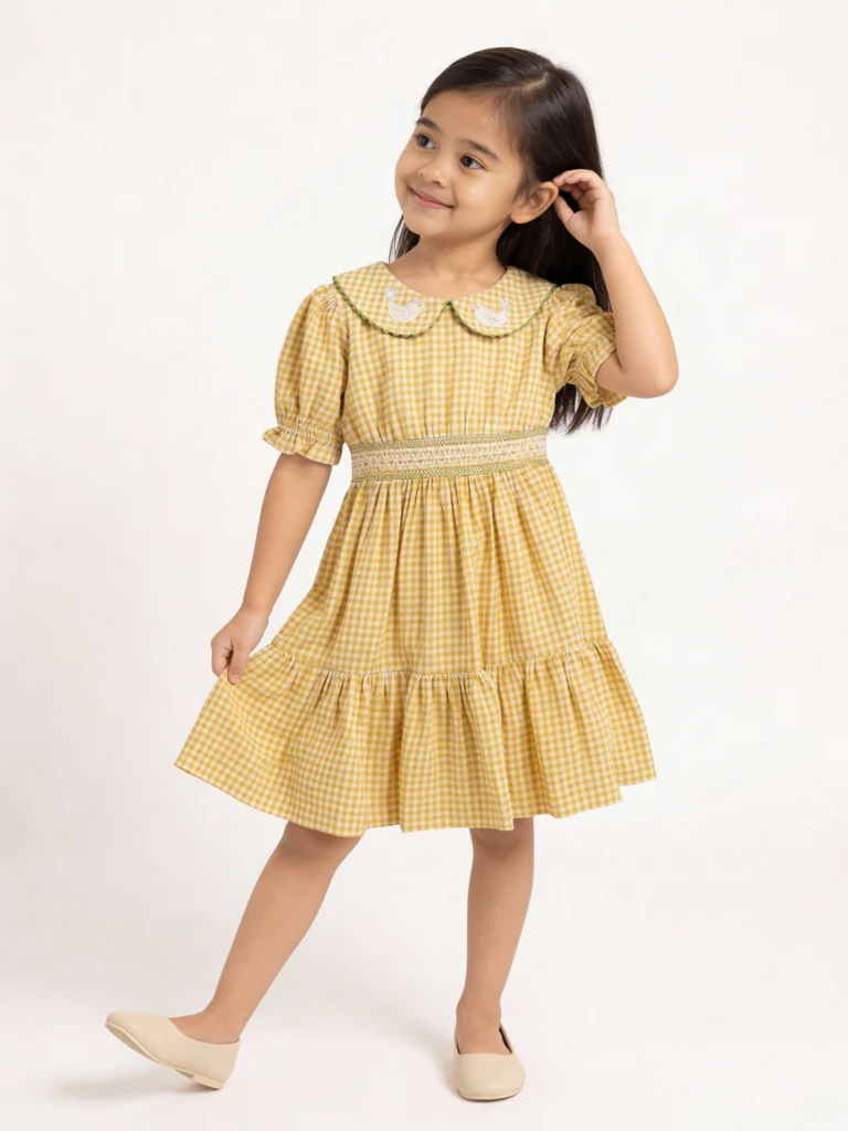 Utsa Kids Girls Yellow Check A-Line Cotton Dress - (2-8 yrs)