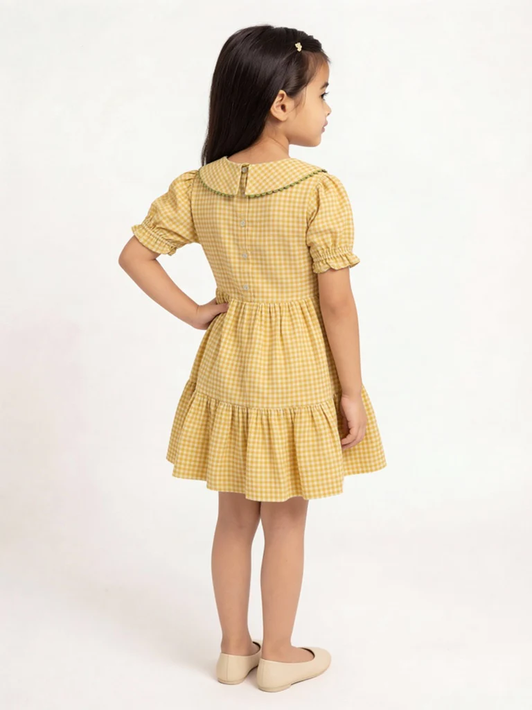 Utsa Kids Girls Yellow Check A-Line Cotton Dress - (2-8 yrs) - Image 2