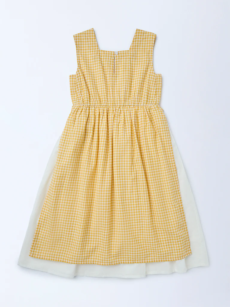 Utsa Kids Girls Yellow Checkered A-Line Cotton Dress - (8-14 yrs) - Image 2