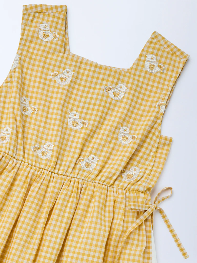 Utsa Kids Girls Yellow Checkered A-Line Cotton Dress - (8-14 yrs) - Image 3