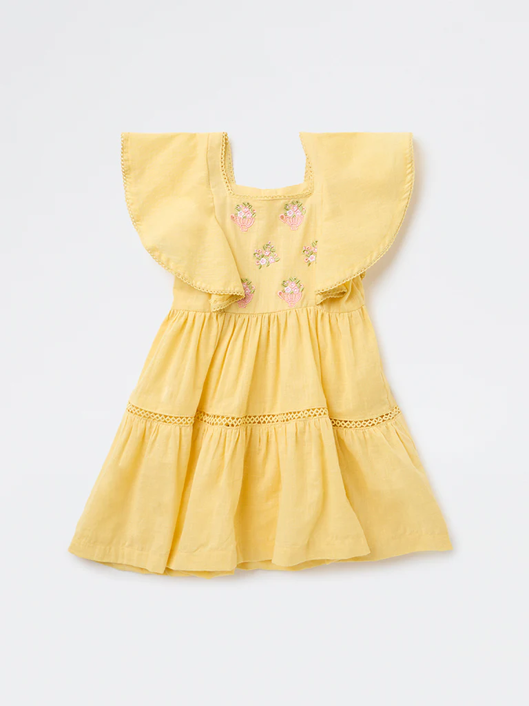 Utsa Kids Girls Yellow Embroidered A-Line Cotton Dress - (2-8 yrs)