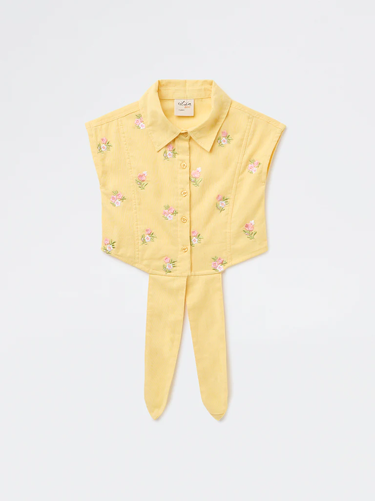 Utsa Kids Girls Yellow Embroidered Cotton-Blend Top - (8-14 yrs)