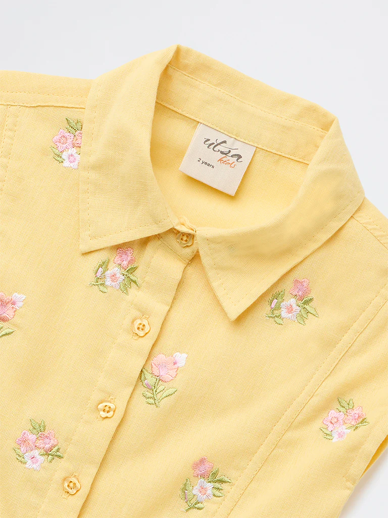 Utsa Kids Girls Yellow Embroidered Cotton-Blend Top - (8-14 yrs) - Image 3