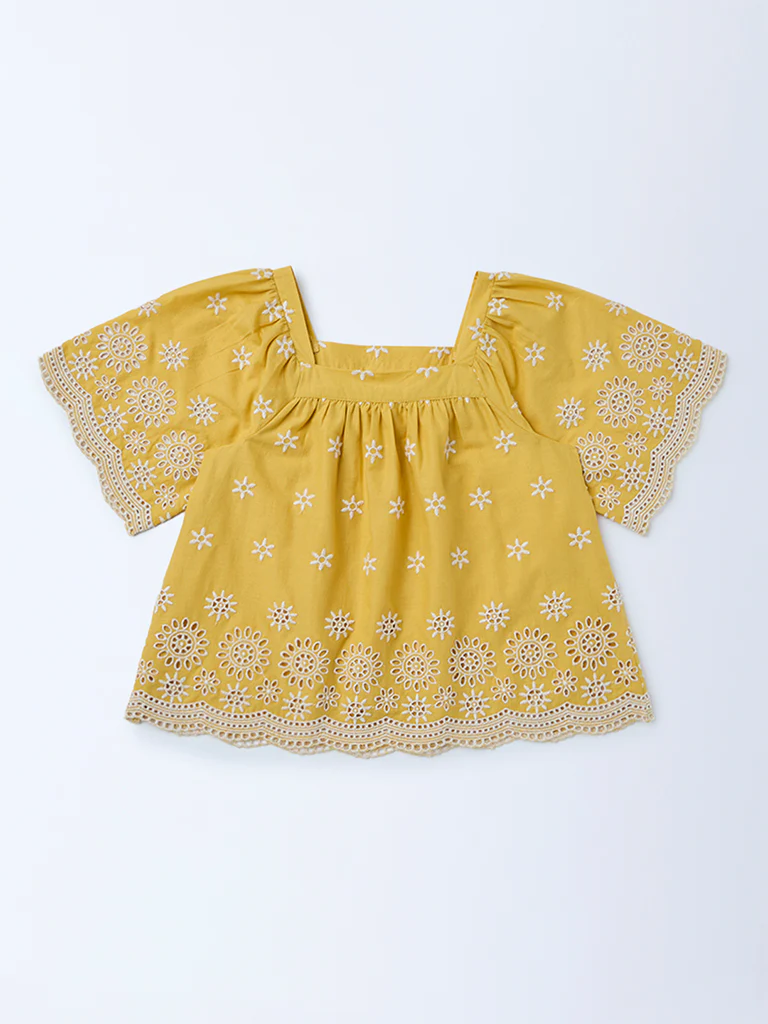 Utsa Kids Girls Yellow Embroidered Cotton Blouse - (2-8 yrs) - Image 3