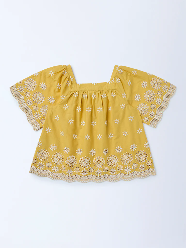 Utsa Kids Girls Yellow Embroidered Cotton Blouse - (2-8 yrs) - Image 4