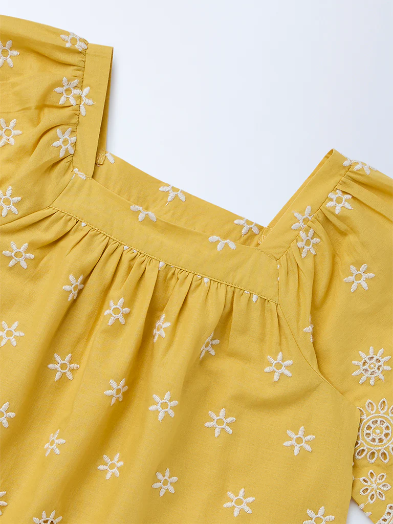 Utsa Kids Girls Yellow Embroidered Cotton Blouse - (2-8 yrs) - Image 5